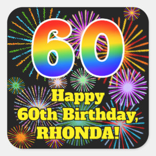 60th Birthday: Fun Fireworks Look, Rainbow # 60 Square Sticker