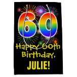 [ Thumbnail: 60th Birthday: Fun Fireworks Pattern + Rainbow 60 Gift Bag ]