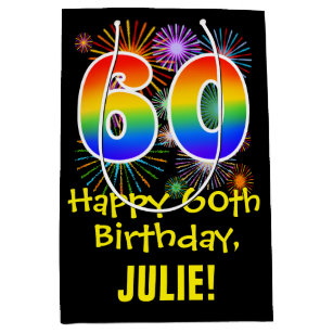 Happy 60th Birthday Julie Images 60Th Birthday: Fun Fireworks Pattern + Rainbow 60 Medium Gift Bag | Zazzle