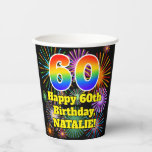 [ Thumbnail: 60th Birthday: Fun Fireworks Pattern + Rainbow 60 Paper Cups ]