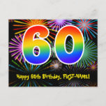 [ Thumbnail: 60th Birthday – Fun Fireworks Pattern + Rainbow 60 Postcard ]