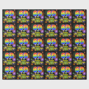 60th Birthday: Fun Fireworks, Rainbow Look # “60” Wrapping Paper