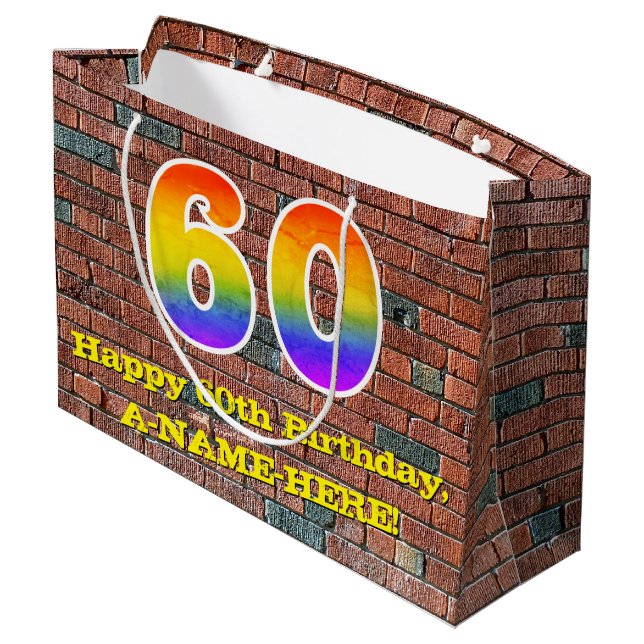 60th Birthday: Fun, Graffiti-Inspired Rainbow # 60 Large Gift Bag (Back Angled)