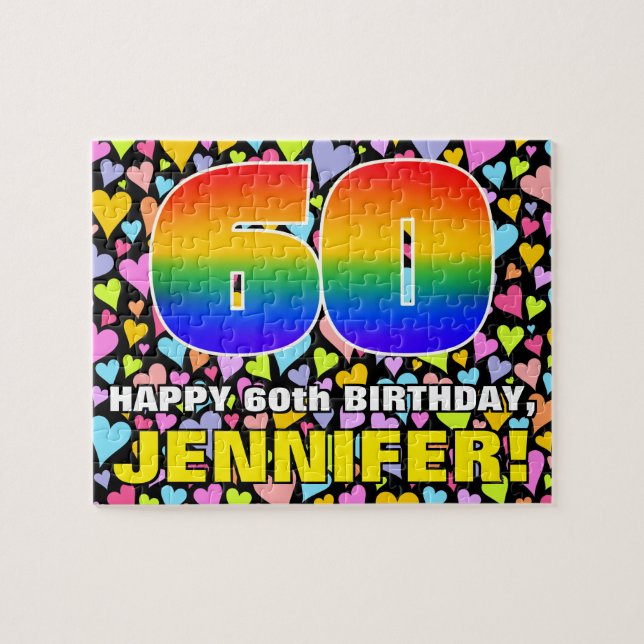 60th Birthday — Fun, Loving Heart Shapes + “60” Jigsaw Puzzle (Horizontal)