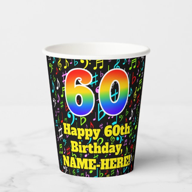 60th Birthday: Fun Music Notes Pattern, Rainbow 60 Paper Cups (Back)