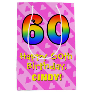60th Birthday: Fun Pink Hearts Stripes; Rainbow 60 Medium Gift Bag