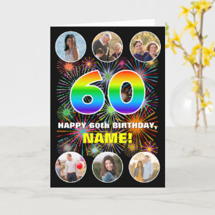 60th Birthday: Fun Rainbow #, Custom Name & Photos Card