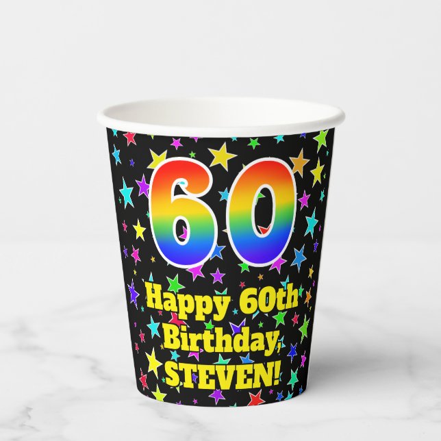 60th Birthday: Fun Stars Pattern and Rainbow 60 Paper Cups (Back)