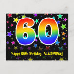 [ Thumbnail: 60th Birthday: Fun Stars Pattern, Rainbow 60, Name Postcard ]