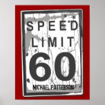 60th Birthday Funny Grungy Speed Limit Sign Poster<br><div class="desc">It's not the age,  it's the mileage! A fun speed limit sign poster makes a great graphic for decorating a celebration of a 60th birthday. Personalize it with his name too. With a slightly tattered and worn look - hey,  it's just like the birthday guy!</div>