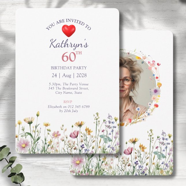 60th Birthday Garden Floral Wild Meadow Photo Invitation (60th birthday party invitations with wild garden meadow flowers on a grey wood background)