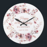 60th Birthday Gift Personalized Wall Clock<br><div class="desc">A personalized wall clock is a great birthday gift idea for a 60th birthday gift. The birthday celebrant can celebrate their birthday and add a pretty touch to your decor with this personalized burgundy and dusty pink floral wall clock. An elegant watercolor wreath decorates the front and back. Four lines...</div>