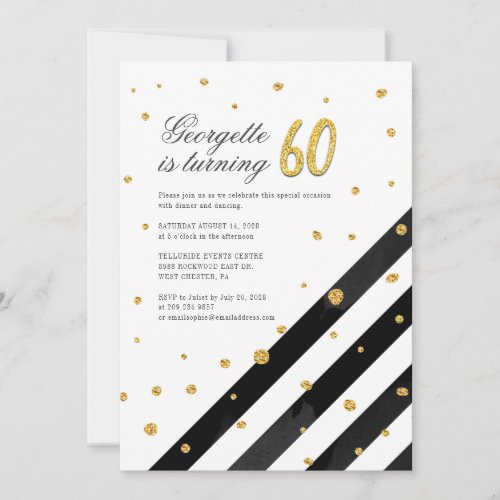 60th Birthday Glitter Black White Stripe Invitation
