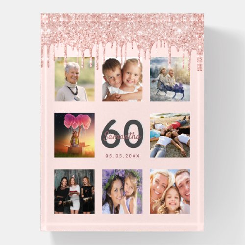 60th birthday glitter drips photo rose gold pink paperweight