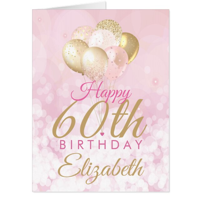 60th Birthday Glitter Pink Balloon Jumbo Card (Front)