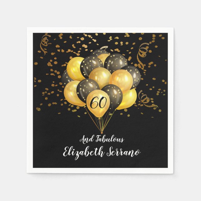 60th Birthday Gold And Black Balloons Glitter Napkins (Front)