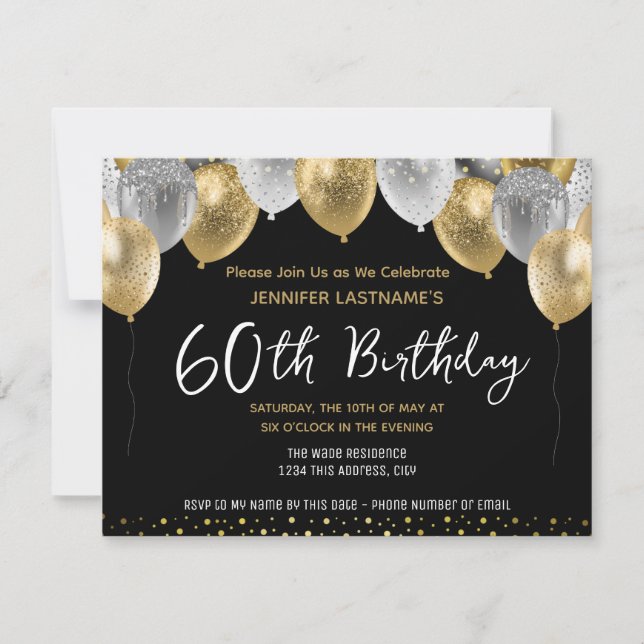 60th Birthday Gold and Black  Invitation (Front)