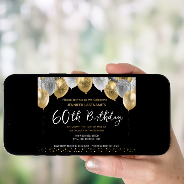 60th Birthday Gold and Black  Invitation (Front Digital)