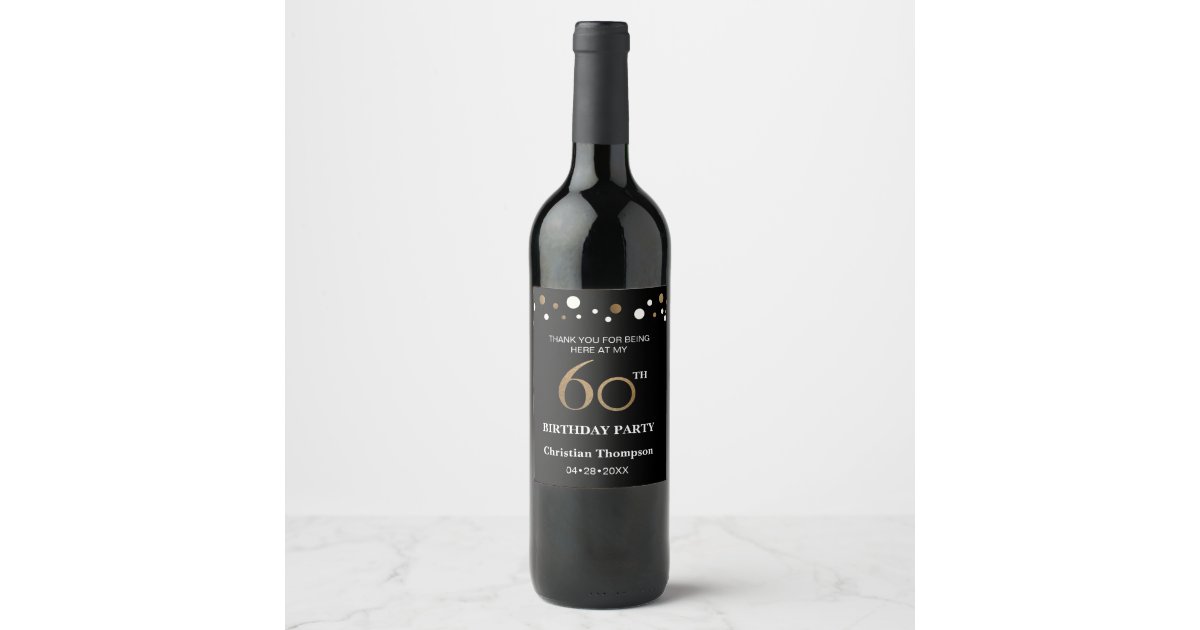 60th birthday, gold and black theme, thank you wine label ...