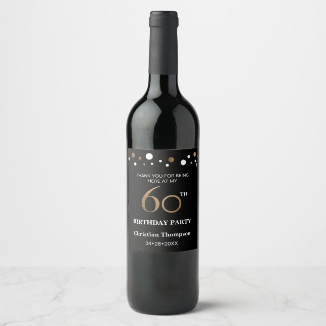 60th birthday, gold and black theme, thank you wine label (Front)