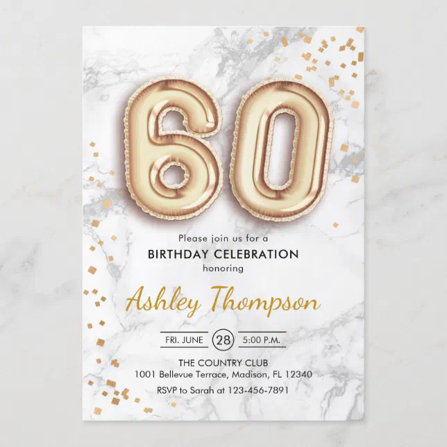 60th Birthday - Gold Balloons Marble Effect Invitation | Zazzle