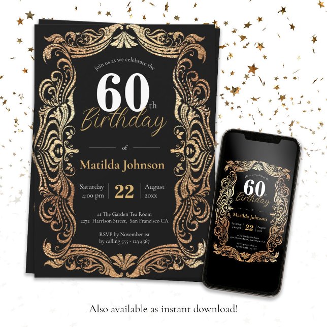 60th Birthday Gold Black Boho Glamorous Elegant Invitation (60th Birthday Gold Black Boho Glamorous Elegant Invitation)