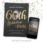 60th Birthday Gold Black Custom Photo Modern  Invitation<br><div class="desc">60th Birthday Gold Black Custom Photo Modern Invitation. Introducing a captivating blend of contemporary style and timeless elegance. Against a sleek black background, shimmering gold foil accents create a striking contrast that catches the eye. Your custom photo adds a personal touch, making this invitation truly unique to celebrate your milestone...</div>