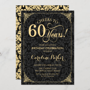 60th Birthday - Gold Black Damask Invitation