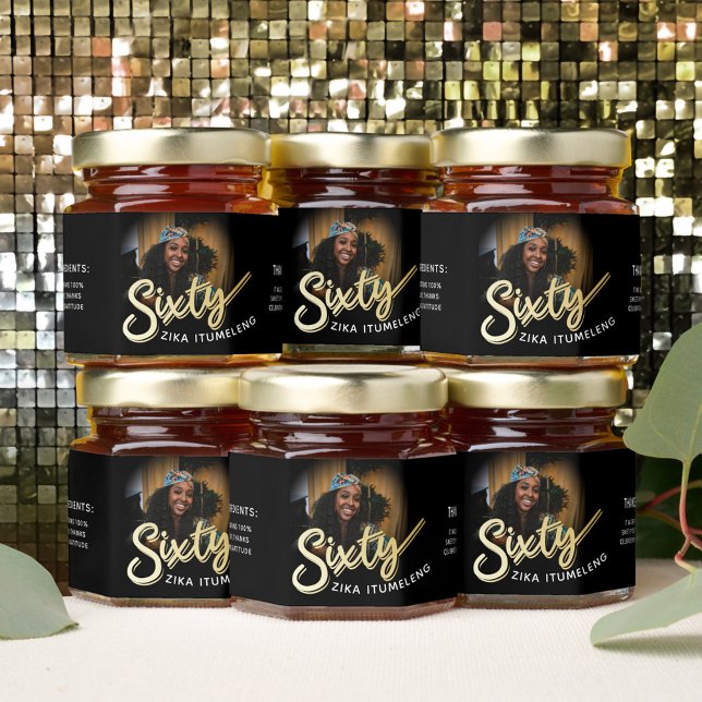 60th birthday gold black personalized photo name honey jar favors (Creator Uploaded)