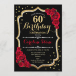 60th Birthday - Gold Black Red Roses Invitation<br><div class="desc">60th birthday celebration invitation.
Elegant black design with faux glitter gold and red roses.
Perfect for an elegant birthday party. Can be customized into any age.</div>