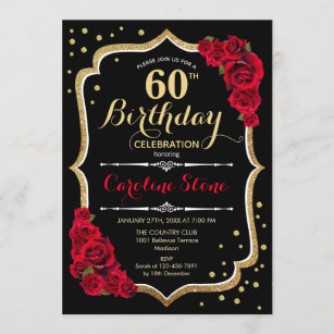60th Birthday - Gold Black Red Roses Invitation
