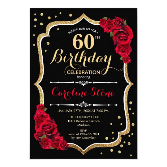 60th Birthday - Gold Black Red Roses Invitation | Zazzle.com