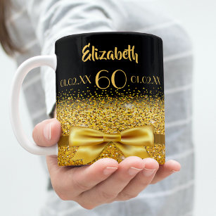 60th birthday gold bow black name age coffee mug
