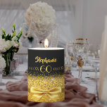60th birthday gold bow black name age pillar candle<br><div class="desc">Elegant, classic, glamorous and feminine. A gold colored ribbon and bow with golden glitter and sparkle, a bit of bling and everyday luxury. Black background. The perfect gift for a 60th birthday! Templates for a name, age 60 and date of birth and the anniversary date. Golden letters. The name is...</div>