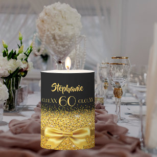 60th birthday gold bow black name age pillar candle