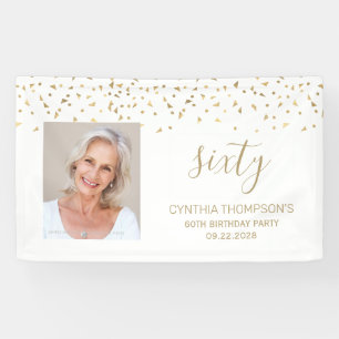 60th Birthday Gold Confetti Triangles Photo White Banner