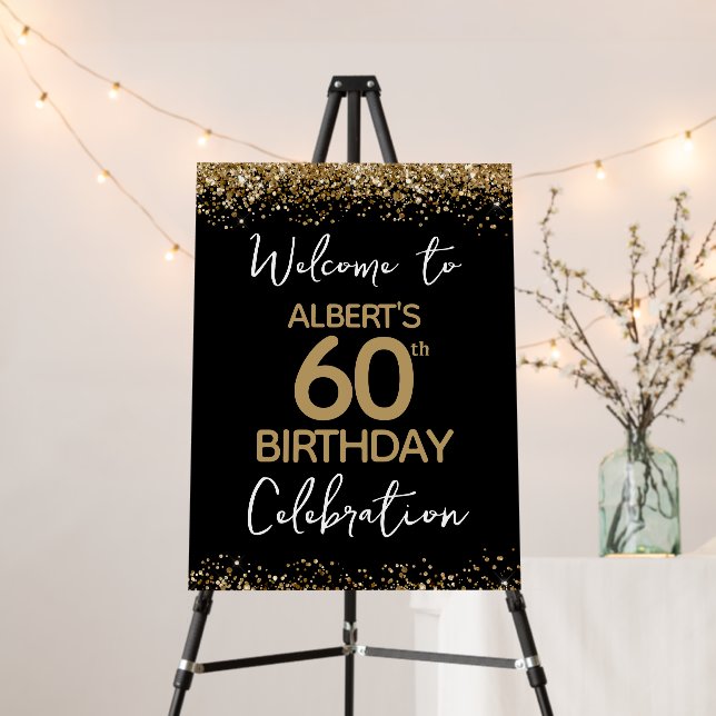 60th Birthday Gold Glitter and Black Welcome Foam Foam Board (In Situ (Stand))