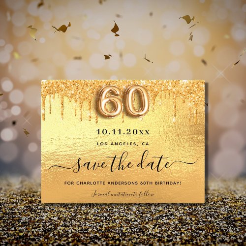 60th birthday gold glitter budget save the date flyer