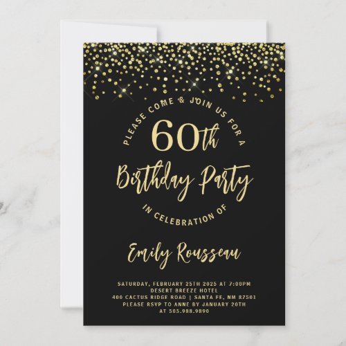 60th Birthday Gold Glitter Confetti Black  Invitation