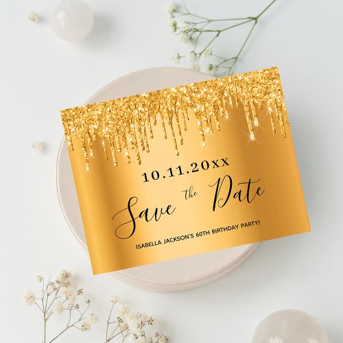 60th birthday gold glitter details save the date postcard