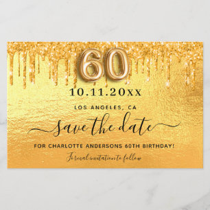 60th birthday gold glitter save the date card