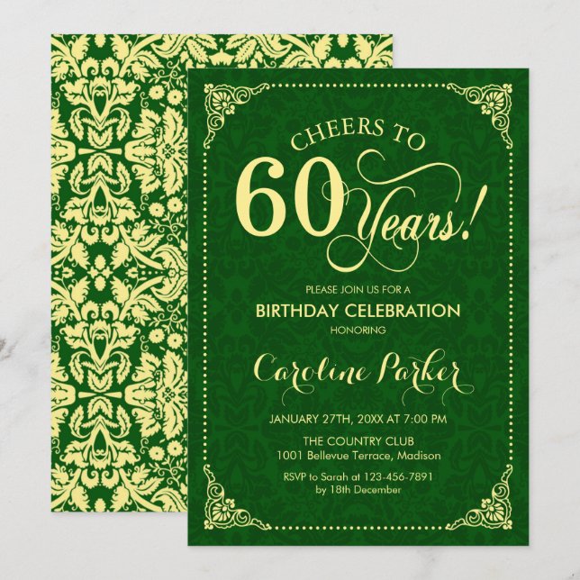 60th Birthday - Gold Green Damask Invitation (Front/Back)