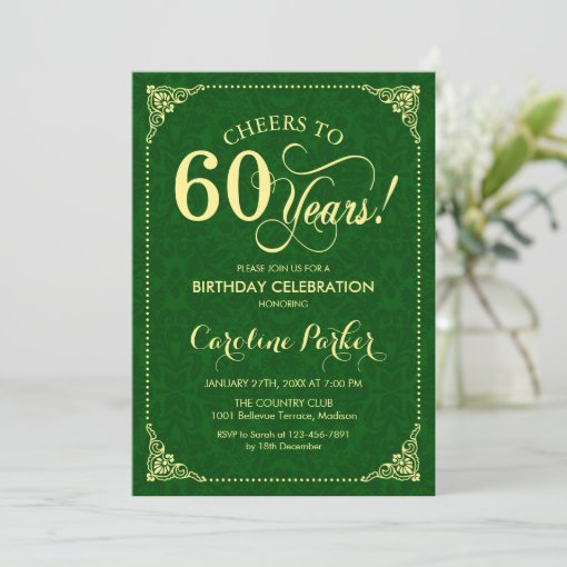 60th Birthday - Gold Green Damask Invitation | Zazzle