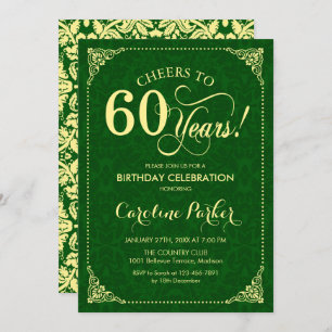 60th Birthday - Gold Green Damask Invitation