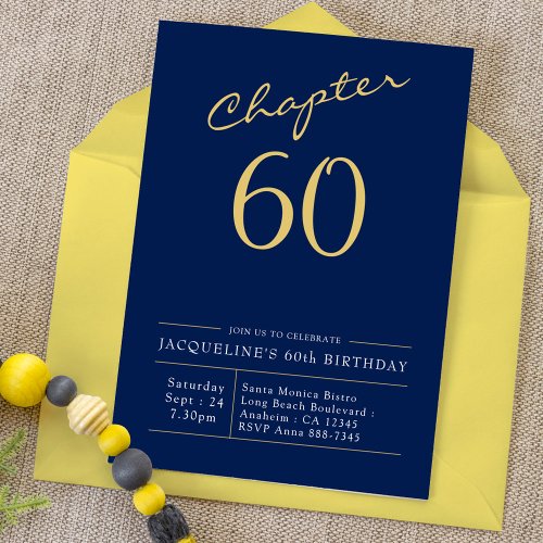 60th Birthday Gold Modern Script Blue Invitation