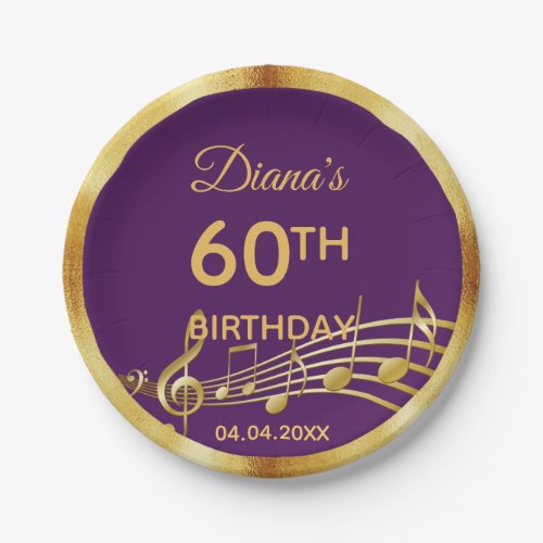 60th birthday gold music notes chic girly purple paper plates
