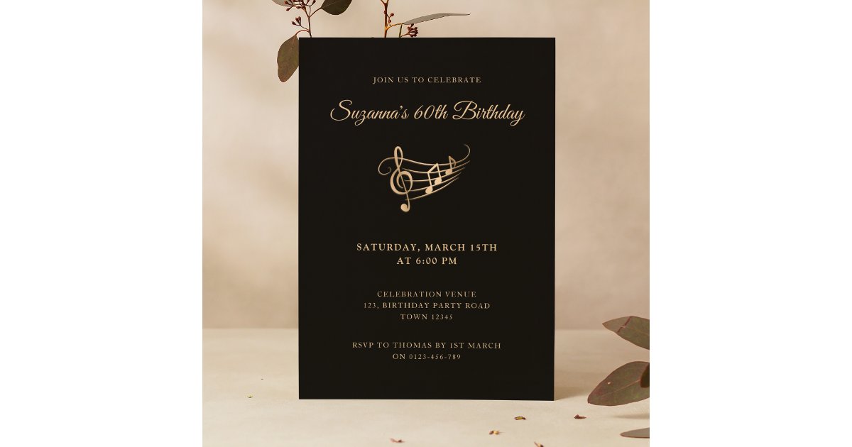 60th Birthday Gold Music Notes Elegant Invitation | Zazzle