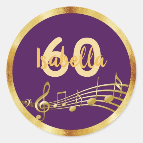 60th birthday gold music notes on elegant purple classic round sticker