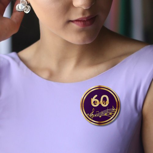 60th birthday gold music notes on stylish purple button