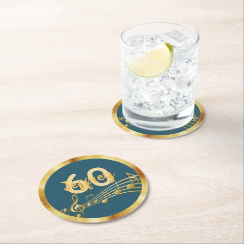 60th birthday gold music notes teal blue green round paper coaster